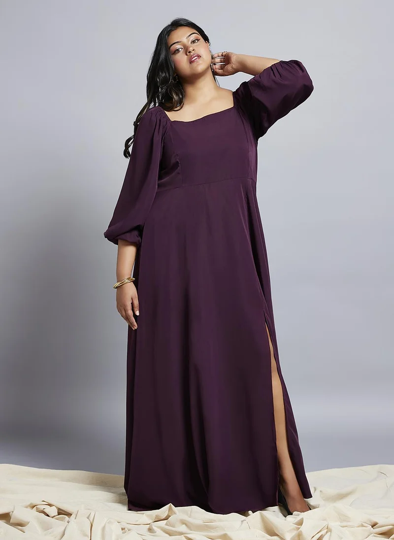 globus Globus Gloplus Women Square Neck Bishop Sleeves Flared Hem Side Slit A-Line Plus Size Party Dress